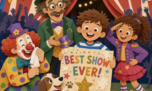 A joyful 6‑year‑old boy with short tousled brown hair stands in the foreground proudly holding a large colorful poster smeared with whipped cream and paw prints, wearing a blue‑and‑white striped t‑shirt and shorts; behind him to the right a smiling energetic 7‑year‑old acrobat girl with curly hair in a high ponytail and striped socks salutes and turns slightly, and slightly behind and left a tall funny man (Professor Pickle) in an eccentric top hat holds a small glitter hat he just gave the boy; to the left a white‑faced clown with a big red nose (Bubbles) crouches laughing and dabbing cream from the poster with a handkerchief, while a small male dog in a red bow tie leaves a paw print at the boy’s feet; the scene is at the open entrance of a red‑and‑white striped circus tent with string lights, bunting and a blurred cheering crowd, a joyful post‑show celebration with vivid colors, cut‑paper textures, sharp contrasts and soft shadows for a paper‑cut effect.