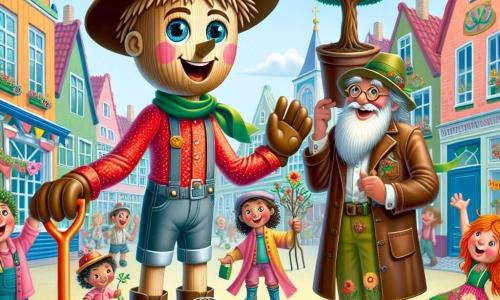 Pinocchio, een jonge houten jongen met ronde, sprankelende ogen, een iets langer wordende neus en een enthousiaste glimlach, staat in het midden van het podium met zijn armen wijd open, klaar om zijn vrienden te verwelkomen. Hij draagt een rode blouse met witte stippen en een klein puntig hoedje. Aan zijn rechterkant staat Geppetto, een oude man met een witte baard en ronde brillen, die trots glimlacht terwijl hij een schop vasthoudt, klaar om een jonge boom te planten. Hij draagt een leren werkjas en een canvas broek. Aan zijn linkerkant danst Amelia, een meisje met felrood haar, vrolijk in een groene jurk versierd met bloemen, met haar armen omhoog gericht naar de lucht. De setting is een levendig plein in een klein Italiaans dorp, omringd door kleurrijke huizen met open luiken, met kinderen die spelen en volwassenen die praten rond een grote boom in het midden, klaar om geplant te worden. De belangrijkste situatie toont Pinocchio en zijn vrienden die zich voorbereiden om het begin van hun ecologische festival te vieren, omringd door lachen en vreugde, wat de hoop en inzet voor natuurbescherming symboliseert.