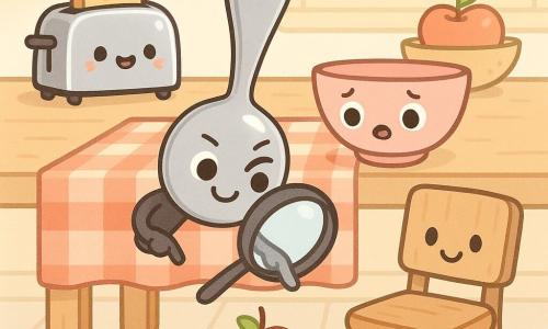 A shiny metal detective spoon with round gentle eyes and a mischievous smile leans over the countertop holding an oversized magnifying glass to point at an apple hidden under the table, while a surprised pink ceramic bowl (Bella), a smiling chrome toaster (Timmy) dinging, and a friendly wooden chair (Charlie) gather in a warm, sunlit kitchen with a light wood table covered by a red-and-white checkered cloth and a fruit bowl, creating a bright, pastel, charming scene of discovery.