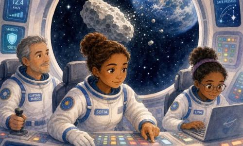 Sofia, astronauta donna adulta, emozionata e concentrata, sorriso serio, capelli castani raccolti in chignon, in tuta spaziale bianca con dettagli blu, preme delicatamente un pannello di controllo davanti a una grande finestra circolare; il capitano Marco, uomo di circa 40 anni, capelli sale e pepe, osserva calmo gli schermi a sinistra con la mano su una leva, seduto leggermente indietro; l'ingegnera Lina, donna di circa 28 anni, porta occhiali e consulta un piccolo pannello a destra chinata su un portatile; interno di cockpit futuristico con pareti metalliche morbide, pannelli luminosi colorati, pulsanti rotondi e schermi con grafici semplici; fuori un piccolo asteroide grigio e irregolare passa vicino al veicolo con scintille e sullo sfondo la Terra parzialmente visibile; scena di allerta tranquilla mentre l'equipaggio manovra con attenzione per evitarlo, gesti precisi, luce calda degli schermi sui volti, atmosfera di collaborazione e concentrazione; stile acquerello morbido, colori pastello vividi, contorni lievemente sfocati, espressioni amichevoli, composizione centrata sulla finestra circolare e su Sofia.