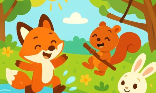 A small red fox named Finn, with shiny fur and sparkling eyes full of joy, happily jumps into the clear water of a river, splashing shimmering droplets around him. Next to him, a little squirrel named Milla, with soft fur and a bright smile, laughs while holding onto a branch to swing above the water. A bit further away, Lila, a small white bunny with big ears, watches them with a shy smile, her eyes shining with excitement. The scene takes place by a sunny river, surrounded by vibrant green trees and colorful flowers dancing in the gentle breeze. Sunlight filters through the branches, creating glimmers on the water. The main focus shows Finn and Milla playing together, splashing water, while Lila, now more comfortable, approaches to join them, filling the air with laughter and summer joy.