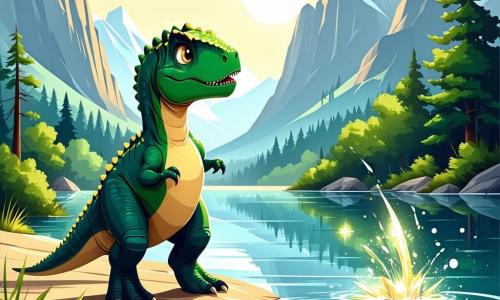 Młody Tyrannosaurus Rex o imieniu Tyrek, z ciemnozieloną skórą i błyszczącymi złotymi oczami, stoi na brzegu lśniącego jeziora, pełen ekscytacji i ciekawości. Z zachwytem obserwuje mieniące się kolory wody odbijające się w słońcu, jego małe przednie łapki lekko uniesione, gotowy na przygodę. Obok niego stoi przyjazny stegozaur o imieniu Spik, z kolorowymi płytami grzbietowymi i radosnym uśmiechem, zachęcając go do eksploracji, mocno stojąc na brzegu. W tle bujna las z gigantycznymi drzewami o wibrujących liściach i jaskrawymi kwiatami otacza jezioro, podczas gdy śpiewające góry rysują się na horyzoncie, dodając magii do sceny. Główna sytuacja pokazuje Tyreka i Spika odkrywających razem cuda tajemniczej wyspy, gotowych na niezapomniane przygody.