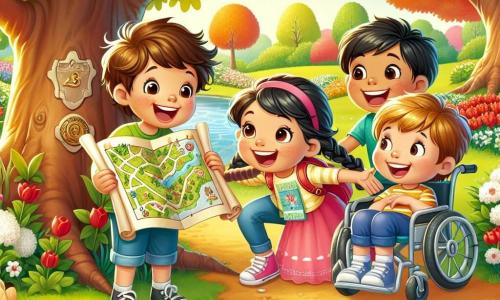 En un parque en plena floración, cuatro niños están reunidos para una búsqueda del tesoro. Lucas, un niño de nueve años con cabello castaño desordenado y una camiseta amarilla, sonríe mientras muestra el mapa del tesoro. A su lado, Tomás, un niño de nueve años con cabello negro y gafas redondas, señala con entusiasmo una dirección en el mapa. Sofía, una niña de nueve años con largos cabellos rubios trenzados y un vestido rosa, mira el gran roble con ojos brillantes, lista para escuchar los secretos de los demás. Miguel, un niño de nueve años con cabello castaño y una sonrisa radiante, está sentado en su silla de ruedas, riendo con sus amigos. El parque está lleno de flores coloridas, con tulipanes rojos, margaritas blancas y árboles verdes que bailan bajo la suave brisa. Un estanque brillante se encuentra cerca, donde un pato nada pacíficamente, añadiendo vida a la escena. Los niños buscan su tesoro escondido, buscando debajo de las piedras y alrededor de los árboles, llenos de emoción y risas, mientras susurran secretos al gran roble, esperando que les dé una pista para encontrar el tesoro.