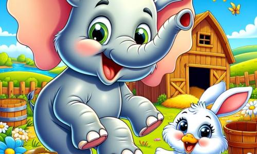 A cheerful elephant with large flapping ears and a bright smile stands at the center of the scene, his eyes sparkling with excitement. Next to him, a small white rabbit with soft fur and upright ears jumps for joy, his face beaming with enthusiasm. A bright yellow duck, wearing a small straw hat, stands in the background, laughing and flapping its wings. The scene takes place on a sunny farm surrounded by green fields and colorful flowers, with an old wooden barn and a haystack nearby. In the foreground, the elephant and his friends are about to play hide and seek, with the elephant joyfully counting to ten while the rabbit and duck hide behind fun objects like buckets and wooden crates.