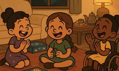 Three girls around 8–9 years old play a board game together in a warm living room after iftar: a caramel-skinned girl with mid-length brown braided hair in a simple green dress sits center holding a green game piece and smiling, a fair-skinned girl with black curly hair in a bun in a purple starry dress sits to her left laughing with hands close as if telling a joke, and a dark-skinned girl with short hair in a yellow dress sits in a yellow wheelchair to the right, turning the game spinner with one hand and raising the other to applaud; the room has a deep red rug, cream sofa, an open window showing a bright moon and stars, soft lantern and moonlight, a wooden coffee table with a blue starry game box, teapot, three small cups and honey cookies, and an intimate, joyful atmosphere of relaxed postures, colorful pieces, scattered cards and shared laughter.