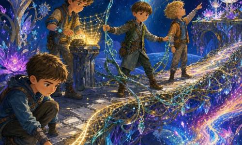 Four boys crossing a half-vine, half-energy bridge above a swirling stream of light in a suspended orbital garden. Eli, 9, crouched at the front left, attentive face, short chestnut hair, watching a curve of light on the energy bridge; Milo, 9, center-left, mischievous grin, curly hair, glowing mechanical bracelet, pressing a device that projects a golden grid; Rowan, 9, calm and sturdy, fair skin, dark bowl-cut, standing mid-bridge with arms outstretched to gently steady a crystalline vine; Cassian, 8 (almost 9), dreamy, tousled blond hair, center-right, head tilted to the starry sky, pointing at luminous lilies on the far bank. The garden orbits a planet with silver-tiled ground and metallic roots, translucent-leafed trees dusted with stardust, phosphorescent purple-blue-pink flowers, and a multicolored Nebula Stream winding below. The bridge is woven crystalline vines and a golden light lattice; scene evokes science-fantasy with saturated gouache-like textures, metallic reflections and stardust highlights, focused on the boys’ precise gestures, concentrated expressions, and the flowing light beneath.