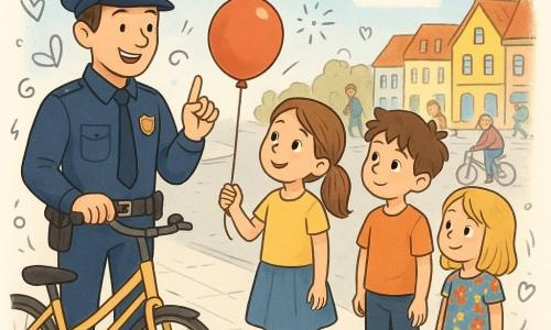 Ein lächelnder Polizist, ein Mann in einer leuchtend blauen Uniform, steht auf einem sonnigen Bürgersteig und erklärt begeistert die Sicherheitsregeln. Neben ihm steht seine achtjährige Tochter Mia mit einem roten Ballon und hört ihm aufmerksam zu, ihre Augen voller Neugierde. Zwei weitere Kinder, ein Junge und ein Mädchen im gleichen Alter, stehen in ihrer Nähe und beobachten interessiert; der Junge hat zerzauste braune Haare und das Mädchen trägt ein buntes Blumenkleid. Im Hintergrund eine belebte Straße mit Passanten, Fahrrädern und einer alten Dame mit einem Rollator, umgeben von Gebäuden mit bunten Fassaden. Die Hauptszene zeigt den Polizisten und die Kinder, die Fahrräder bewegen, um den Bürgersteig freizumachen, unter einem blauen Himmel mit weißen, flauschigen Wolken.