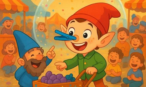 Uśmiechnięty, zachwycony chłopiec-elf o okrągłej twarzy, dużych spiczastych uszach, jasnej cerze z piegami, w czerwonym spiczastym czepku, zielonej kamizelce i żółtych butach pcha mały drewniany wózek ozdobiony kolorowym konfetti i świecącymi gwiazdkami; obok, lekko za lewą stroną, figlarny chłopiec-krasnal z potarganą brodą i niebieską czapką stożkową wskazuje na niebieską klamerkę do bielizny przypiętą do nosa elfa; wokół wesoły tłum dzieci i dorosłych, sprzedawcy przy budkach, plac jarmarczny z pomarańczowymi lampionami, pasiastymi namiotami, tunelem z dużych błyszczących baniek mydlanych i drewnianą sceną, konfetti w powietrzu; główna scena — elf wjeżdża na rynek w przystrojonym wózku, ma śmieszną czapkę „puff!”, klamerka jak mały dzióbek, wszyscy się śmieją; ciepłe światło, żywe kolory, przytulna, świąteczna atmosfera, prosty, zaokrąglony styl, wesoła paleta (żółć, czerwień, zieleń, błękit), miękkie tekstury i zabawne detale (małe fioletowe śliwki w koszyku, kołyszący się indyk przy wózku).