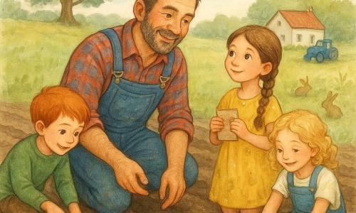 A weathered male farmer with a three-day beard, calm smile and proud gaze kneels in a dark-tilled field wearing a red-and-blue plaid shirt, denim overalls and muddy leather boots, sowing pumpkin seeds in neat rows; to his right stands Mia, about 8, chestnut hair in a braid and a dirty yellow dress, holding a seed packet and watching him admiringly; to his left Lucas, about 9, short red hair and a green sweater, digs a small hole with a wooden trowel, focused and happy; nearby Sophie, about 7, curly blonde hair and denim overalls, kneels and gently presses soil over a seed, smiling; an older brown-and-white dog, Patch, lies close by watching with its head on its paws; background shows a grassy mound with a large oak, a white farmhouse with a red roof, a blue tractor, wild grasses, a few rabbits and birds in flight; soft late-morning light, mood of shared work and camaraderie as small hands plant seeds that will grow into pumpkins.