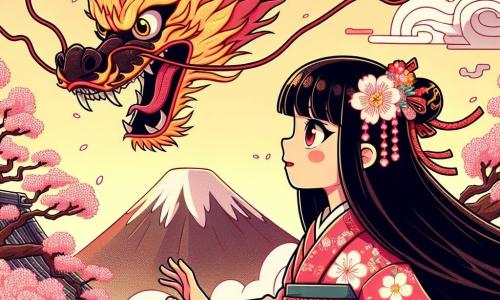 Aiko, una giovane donna dai lunghi capelli neri come l'ebano, indossa un kimono tradizionale decorato con motivi di fiori di ciliegio. Il suo viso esprime determinazione e meraviglia mentre si trova di fronte a un maestoso drago di fuoco, le cui scaglie brillano come rubini sotto il sole. Il drago, immenso e imponente, ha occhi brillanti e un sorriso malizioso, fluttuando sopra Aiko, pronto a porle enigmi. La scena si svolge sulla cima del monte Yama, circondata da nuvole soffici e ciliegi in fiore, i cui petali rosa cadono come neve. Aiko, piena di coraggio, si prepara a rispondere agli enigmi del drago, simboleggiando l'inizio della sua avventura per scoprire la verità.