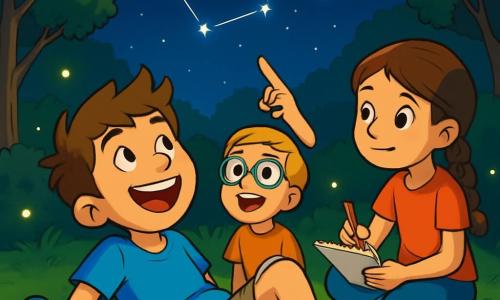 Um garoto de 12 anos, com cabelos castanhos e desgrenhados, e um grande sorriso radiante de alegria, está deitado na grama verde, com os olhos fixos no céu estrelado. Ele veste uma camiseta azul vibrante e um short bege, segurando um pequeno telescópio de plástico ao seu lado. Ao seu lado, Lucas, um garoto de 12 anos com óculos redondos e cabelos loiros, aponta para uma constelação brilhante, seu rosto iluminado pela empolgação. Ana, uma menina de 11 anos com cabelos castanhos trançados, está sentada um pouco mais distante, desenhando as estrelas em um caderno, com um olhar concentrado e deslumbrado. O local é um parque tranquilo, com grandes árvores verdes cercando um gramado suave e acolhedor, onde se pode ver vaga-lumes brilhando na escuridão. A cena principal mostra as crianças compartilhando um momento mágico de observação das estrelas, rindo e discutindo os mistérios do universo, criando memórias inesquecíveis sob o céu noturno.