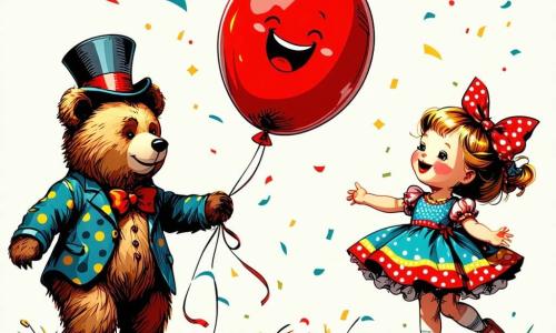 Bouncy, ein fröhlicher roter Ballon mit großem Lächeln und funkelnden Augen, springt begeistert in der Mitte des Bildes, seine runden, glücklichen Wangen leuchten. Neben ihm beobachtet ein alter Teddybär mit Zylinder, weise und leicht lächelnd, stolz die Szene, während eine bunte Puppe im gepunkteten Kleid fröhlich tanzt, ihre glänzenden Haare um sie herum wehen und große Aufregung ausdrücken. Die Szenerie ist eine grüne Wiese, durchzogen von goldenem Sonnenlicht, mit bunten Blumen, die im Wind tanzen, und einem majestätischen Baum im Hintergrund, unter dem eine kleine Zeitmaschine steht, die wie ein funkelndes Karussell aussieht. Die Hauptsituation zeigt Bouncy und seine Freunde, die gemeinsam singen, ihre Gesichter strahlen vor Freude, während sie eine Gruppe von historischen Figuren inspirieren, die um einen großen Tisch versammelt sind, bereit, eine wichtige Entscheidung über die Freiheit zu treffen.