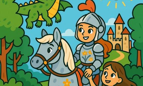O cavaleră curajoasă, numită Elara, stă mândră pe calul ei argintiu, Argintiu. Ea poartă o armură strălucitoare împodobită cu motive florale, cu un coif delicat care îi lasă la vedere fața zâmbitoare și hotărâtă. Ochii ei strălucesc de entuziasm și bravură în timp ce privește spre un castel îndepărtat. Lângă ea, o fetiță pe nume Liora, de aproximativ 10 ani, este îmbrăcată într-o rochie simplă, cu părul lung și brun fluturând în vânt. Are o privire uimită și recunoscătoare, ținând ferm mâna Elarei. În fundal, un dragon prietenos, cu solzi verzi și aurii, se ridică măreț în cerul albastru, cu aripile desfăcute, pregătit să le ofere ajutor. Peisajul constă într-o pădure densă cu copaci înalți și frunze strălucitoare, iar un drum sinuos duce spre un castel de piatră, situat pe o colină. Situația principală arată cum Elara și Liora se pregătesc să plece în aventură, cu dragonul gata să le ducă spre castelul îndepărtat, în timp ce soarele strălucește deasupra, iluminând scena cu o lumină aurie.