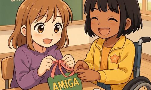 Dos niñas de unos 9 años: Nora, castaña con mecha, suéter violeta, sentada a la izquierda sosteniendo una cartulina verde con 