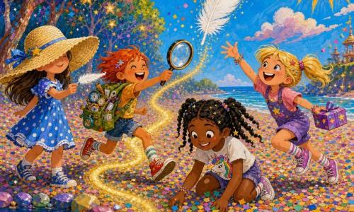 Cuatro niñas siguen una pluma blanca flotante que guía sobre un camino dorado que sale de un estanque: Luna (9 años), piel clara, gran sombrero de paja beige que le tapa casi los ojos, vestido azul de lunares blancos, sostiene la pluma y mira hacia la derecha; Sol (8 años), piel bronceada, pelo corto pelirrojo, mochila verde rebosante, corre hacia la izquierda riendo con una lupa gigante; Estrella (9 años), piel morena, trenza negra, camiseta blanca con un unicornio multicolor cambiante, recoge confeti en el centro; Cometa (8 años), piel clara, coletas rubias, sonrisa traviesa, salta hacia la pluma sosteniendo una caja de regalo violeta; lugar: playa cubierta de miles de papeles de confeti rosa, amarillo, azul y verde que brillan, a la izquierda un estanque brillante entre piedras irisadas, al fondo árboles con luces en forma de estrellas y un gran sol sonriente; ambiente absurdo y alegre, colores saturados y texturas de pintura visibles.