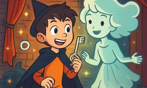 Un niño de 12 años, Nico, se encuentra en el centro de la escena, vestido con una capa negra flotante y un pequeño sombrero puntiagudo. Su rostro está iluminado por una luz de emoción y curiosidad, con ojos brillantes y una sonrisa traviesa. Sostiene una llave plateada brillante en su mano, mirando a su alrededor con una mezcla de asombro y anticipación. A su lado, una niña translúcida, Luz, aparece, con una sonrisa dulce y cabello flotante como nubes. Lleva un vestido de tul ligero y emite una suave luz, pareciendo animar a Nico con los brazos abiertos como invitándolo a compartir un secreto. De fondo, un viejo teatro de paredes de ladrillo, con cortinas rojas desgastadas y luces parpadeantes, crea una atmósfera misteriosa. Decoraciones de Halloween, como calabazas sonrientes y telarañas, añaden un toque festivo. La escena muestra a Nico y Luz en el momento en que descubren la llave mágica, rodeados de un ambiente encantado, con estrellas brillantes y sombras danzantes que evocan la magia de Halloween.
