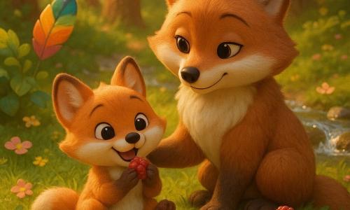 Ein kleines rotbraunes Fuchsbaby mit weißem Bauch, runden glänzenden Augen und fröhlichem Lächeln sitzt im Gras und isst eine Himbeere, neben ihm sitzt die größere Mutter mit rostbraunem Fell und liebevollem Blick, die schützend eine Pfote um das Junge legt; daneben eine kleine Schale aus Blättern mit glänzenden roten Himbeeren, ein mehrfarbiger Federballon ist teilweise hinter einem Busch versteckt und ein funkelnder Kiesel liegt auf einem großen Stein am plätschernden Bach; die Szene spielt in einer sonnigen Waldlichtung mit grünem Moosteppich, rosa und gelben Wildblumen, klar reflektierendem Wasser und goldenen Sonnenstrahlen durch braune Baumstämme; Stimmung: zärtlicher Moment nach einer Schatzsuche, familiäre Wärme, stille Freude, pastellfarbene, warme Beleuchtung, weiche runder 3D-Stilisierung mit kuscheligen Texturen und kindlichen Details.