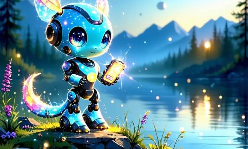 Glimmer, a small Ploopian creature with iridescent fur that changes color with its emotions, stands at the edge of a shimmering lake, its face glowing with excitement and determination. Its large, bright eyes scan the horizon while it holds a small glowing gadget in its paws. Beside it is Sparky, a round, shiny robot with a silver body and a blinking yellow antenna, radiating palpable joy as its circuits hum with enthusiasm. A little further away, Wobble, a colorful creature with round eyes and gradient skin, jumps for joy, its vibrant colors reflecting its happiness. The setting is a futuristic park with sparkling silver trees and luminescent flowers swaying in the wind, while bubbles float above the lake, each containing lost objects. In the background, buildings with organic and futuristic shapes rise, bathed in the golden light of two suns. The main scene shows Glimmer and its friends discovering magical bubbles above the lake, ready to unravel the mystery of the missing objects, with an atmosphere of adventure and magic in the air.