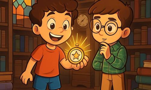 Ci sono 2 personaggi principali: Luca, un ragazzo di 10 anni con capelli ricci e castani, occhi pieni di curiosità, che indossa una maglietta rossa e pantaloni blu, in piedi con un distintivo brillante in mano e un sorriso meravigliato; e Marco, un ragazzo di 10 anni con capelli lisci e castani, occhiali rotondi, che indossa una camicia a quadri e pantaloni beige, leggermente in disparte, osserva attentamente il distintivo di Luca con un'espressione pensierosa. La scena si svolge in un'antica cantina di biblioteca, piena di libri polverosi e colorati, con scaffali di legno scuro che arrivano fino al soffitto e una luce soffusa che filtra da una finestra in vetro colorato, proiettando motivi luminosi sul pavimento di legno. Luca e Marco scoprono un distintivo di osservatore del tempo che brilla intensamente nella luce soffusa, circondati da libri aperti, pronti a viaggiare nel tempo.