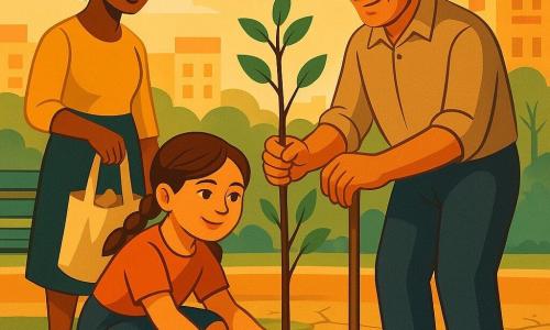 Niña de 10 años, cabello castaño en dos coletas, rostro salpicado de luz, expresión determinada y dulce, sonriendo y agachada junto al tronco regando con una pequeña botella reutilizable azul un joven árbol de tierra seca; un hombre de unos 65 años, piel arrugada, manos fuertes, ropa sencilla y gorra, de pie detrás sujetando una estaca de apoyo con mirada benevolente; una vecina de unos 40 años, pelo corto, con una bolsa de tela con basura recogida a la izquierda observando con aprobación; pequeño parque urbano con fuente baja y edificios al fondo, cielo claro y luz cálida de tarde; escena optimista de ayuda mutua, colores cálidos y formas geométricas estilizadas.