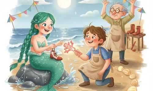 Una sirena llamada Coralina, alegre y tímida, con largas trenzas de algas verde esmeralda, piel nacarada con manchas de concha, sonríe sujetando un pequeño zapato de payaso pegado a su cola; está sentada en una roca mojada con salpicaduras brillantes. Un niño, Mateo, de unos 11 años, rostro redondo y curioso, cabello castaño despeinado y gran delantal gastado, está agachado frente a la sirena sosteniendo una llave coralina brillante grabada «PERDÓN», con mirada decidida y cálida. Un hombre mayor, el señor Chinchebota (~65 años), con pelo alborotado y gafas redondas, está en la playa con las manos en alto, expresión de vergüenza y alivio; detrás, una mesa de inventos con botas bailarinas y tornillos escarlata. Escena en una playa a la luz de la luna: arena plateada y mojada, olas tranquilas que reflejan la luna, guirnaldas de pequeñas sombrillas coloridas flotando y conchas luminosas en círculo. Situación principal: momento íntimo y luminoso en el que Mateo tiende la llave hacia el cofre imaginario del perdón mientras Coralina ríe suavemente; ambiente suave, colores pastel, reflejos nacarados y gotas brillantes, composición centrada y cálida.