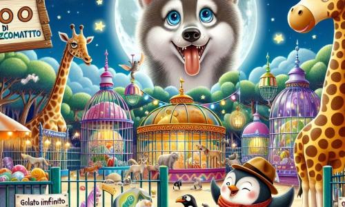 Un giovane lupo dal pelo grigio e rotondo, con grandi occhi brillanti di curiosità, si trova al centro dell'immagine, con la lingua di fuori per l'eccitazione e un piccolo cappello da detective in testa. A destra, una grande giraffa dal lungo collo, con macchie dorate e un sorriso amichevole, osserva il cielo stellato, pronta a individuare indizi. A sinistra, un pinguino dalle piume nere e bianche, con una sciarpa rossa, scivola allegramente sul terreno, ridendo di gusto. Il contesto è uno zoo incantato, illuminato dalla luce della luna, con gabbie colorate, alberi verdi e stelle scintillanti nel cielo. Sullo sfondo, un grande cartello di legno indica 