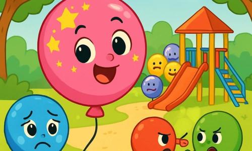 Lilli, ein leuchtend rosa Ballon mit funkelnden Sternen, ist fröhlich und lächelnd. Sie springt begeistert auf dem Boden des Parks, ihre Augen glänzen vor Neugier. Neben ihr steht ihre kleine Schwester, ein blauer Ballon mit einem großen Lächeln, die etwas traurig aussieht, ihre Augen sind voller Tränen, weil sie nicht weiß, wie sie mit den anderen spielen soll. Der Park ist voller Grün, mit Bäumen mit leuchtenden Blättern und einem hellblauen Himmel, der mit flauschigen weißen Wolken gesprenkelt ist. In der Mitte zieht ein bunter Spielplatz mit Schaukeln und einer Rutsche viele Ballons in allen Farben an. Lilli versucht, alle Ballons zu versammeln, damit sie zusammen spielen, aber zwei kleine Ballons, einer rot und der andere grün, streiten sich, weil sie unterschiedlich sind. Lilli, entschlossen, nähert sich ihnen, um ihnen zu helfen zu verstehen, dass Vielfalt eine Stärke ist.