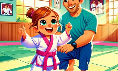 A 2-year-old girl with big bright eyes and a radiant smile is wearing a pink judo gi. She is training with her arms raised, ready to perform a judo move, showing a joyful determination on her face. Next to her is Coach Sam, a man in his 30s with brown hair and a well-groomed beard, wearing a blue t-shirt and sports pants. He smiles and encourages her with friendly gestures, standing slightly back to observe her. The setting is a bright dojo with green mats on the floor and walls adorned with posters of judo champions. Sunlight streams through the windows, creating a warm and welcoming atmosphere. The main scene shows the girl enthusiastically executing a judo move while Coach Sam proudly encourages her, creating a joyful and dynamic ambiance.