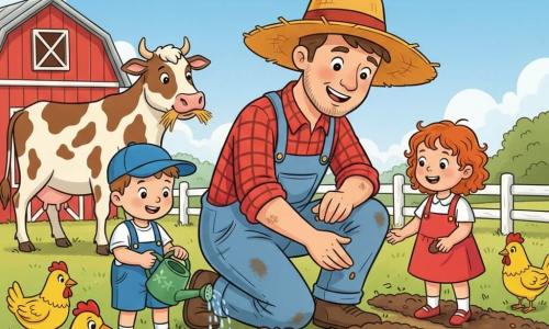 A kindly smiling farmer wearing a tilted straw hat, a red plaid shirt and a slightly dirty blue overall crouches to show how to plant tiny orange carrot seeds in dark soil; to his right Lucy, about 5, with curly red hair and a red dress gently covers a seed, to his left Max, about 6, in a blue cap and shorts pours water from a small green watering can, while Daisy the large white-and-brown spotted cow chews hay near a red wooden barn and several yellow hens peck around in a sunny field with soft brown earth, neat rows of small mounds, and a blue sky with fluffy clouds, creating a warm, joyful planting scene.