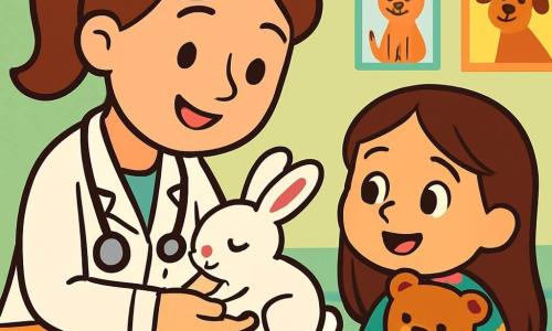 La doctora Clara es una mujer sonriente, de unos treinta años, con cabello castaño recogido en una coleta. Lleva una bata blanca y un estetoscopio al cuello, mirando con ternura a un pequeño conejo blanco que sostiene delicadamente en sus manos. Sus ojos brillan de empatía y dulzura. Al lado de ella, Sofía, una niña de 6 años, tiene el cabello largo y castaño y lleva un vestido colorido con estampados de flores. Mira al conejo con ojos asombrados, abrazando su oso de peluche. Su rostro expresa gran alegría y deseo de ayudar. La escena se desarrolla en una clínica veterinaria luminosa, con paredes pintadas de verde pastel y carteles de animales. Se ven juguetes para animales y jaulas cómodas, creando un ambiente acogedor. La situación principal muestra a la doctora Clara cuidando al pequeño conejo herido, mientras Sofía observa atentamente, lista para aprender a cuidar de los animales con amor y compasión.