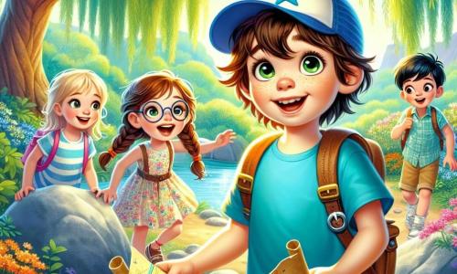 A 9-year-old boy named Oliver, with messy brown hair and sparkling green eyes, stands at the center of the image, smiling broadly while holding a treasure map. He wears a bright blue t-shirt and beige shorts, with a blue cap adorned with a star shining in the sun. Next to him, Lily, a 9-year-old girl with braided blonde hair and round glasses, eagerly looks at the map, her eyes shining with excitement. She is dressed in a colorful floral dress and sandals, leaning slightly forward, ready to explore. Max, another 9-year-old boy with black hair and freckles, is a bit behind, climbing on a large rock, laughing and encouraging his friends to join him. The scene is set in an enchanting park filled with majestic trees with bright green leaves, colorful flowers dancing in the wind, and a large weeping willow with branches hanging like curtains. A small sparkling stream nearby adds a touch of magic to the environment. The main situation shows Oliver, Lily, and Max planning their treasure hunt, examining the map with expressions of determination and excitement, ready to embark on an adventure through the park, surrounded by inspiring natural beauty.