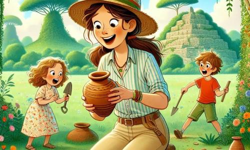 In the center of the image, Lily, an enthusiastic archaeologist in her thirties with long brown hair tied in a ponytail, wears a straw hat, a short-sleeved shirt, and beige pants. She smiles in wonder while holding an old terracotta pot. To her right, Jack, an 8-year-old boy with messy blonde hair in a red t-shirt, is digging with a small shovel, his eyes shining with excitement. On the left, Mia, a 6-year-old girl with curly hair in a floral dress, delicately cleans ancient beads with a brush, her face radiating joy. The setting is a lush green park with tall trees, colorful flowers, and visible excavation holes in the soft ground. In the distance, a clear blue sky is dotted with fluffy white clouds. The scene depicts Lily, Jack, and Mia on a treasure hunt, surrounded by their archaeological finds, sharing a moment of discovery and friendship, with bright smiles on their faces.