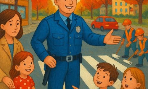A smiling, calm police officer in a shiny blue jacket and round hat gestures to direct traffic while a relieved-looking mother in a beige coat holds her young daughter's hand near the curb; the little girl in a red polka-dot dress beams at the officer as a boy (Jake, ~9) in a blue T-shirt and a girl (Mia, ~8) in a yellow jacket stand side by side pointing at the freshly painted zebra crossing being created by two workers in orange helmets—one rolling a wide white stripe and the other refining the edges—cars stopped calmly at an intersection by a small park with autumn trees, cobbled sidewalks, a bakery to the left, a school with a flag in the background, clear sky and warm morning light, vivid colors, sharp lines and thick acrylic paint textures.