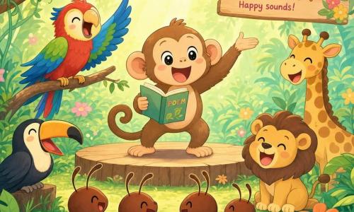 A playful, joyful light-brown furry monkey with large round ears and a big smile, pearl-black eyes, waving its arms as if reciting a poem on a small wooden stage, a colorful parrot with vivid blue, green and red feathers and a mischievous expression perched on a nearby branch mimics by opening its beak wide and spreading a wing, background kawaii silhouettes of a giraffe, lion cub, toucan and ants laughing with crescent eyes seated in a semicircle around the stage, set in a bright jungle clearing with broad green leaves, hanging vines, golden sunbeams filtering through the trees and colorful flowers on the ground, a comedic performance with exaggerated gestures and the audience bursting into laughter in a festive, warm atmosphere.