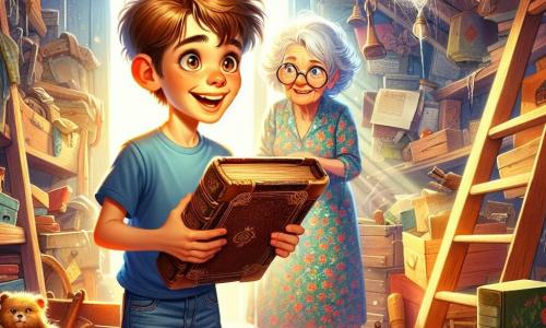A 10-year-old boy with messy brown hair and sparkling curious eyes holds an old leather book under his arm. His face is lit up by a wide smile, revealing his excitement and adventurous spirit. He wears a blue t-shirt and denim shorts, with worn-out sneakers. Next to him, his grandmother, a woman around 70 with silver hair and round glasses, watches with a warm smile. She is dressed in a floral dress and stands near an old wooden ladder, surrounded by dusty boxes. The scene takes place in a bright attic, with sunlight filtering through a dirty window, illuminating cobwebs and antique objects. Wooden toys, yellowed books, and forgotten mementos are scattered around them. The enthusiastic boy opens the book and discovers a mysterious map, while his grandmother encourages him to embark on an adventure. The atmosphere is filled with magic and promises of hidden treasures, creating a sense of exploration and discovery.
