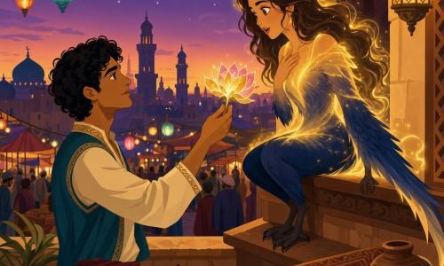 A man named Amir, slim-faced with olive skin and curly black hair, tenderly holds a glowing golden-and-pink flower toward Layla, a ~20-year-old woman with long brown hair half-transformed into a nightingale with midnight-blue feathers and a human chest, perched on a wooden windowsill; they stand on an ochre-stone house terrace in a nighttime bazaar with hanging colored lanterns and distant towers under a violet-orange twilight sky as Amir offers the magical flower just as a golden light begins to envelop her feathers and skin, creating a warm, hopeful atmosphere.