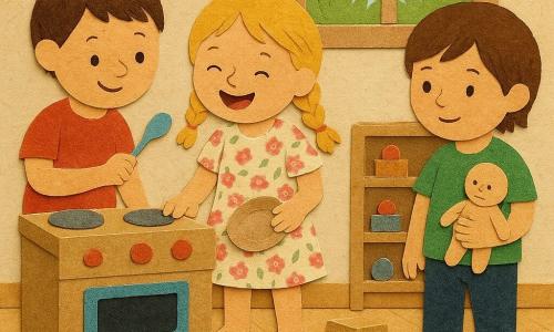 Tomás, niño de 4 años, sonríe tímidamente; cara redonda, cabello castaño corto, juega con una cucharita de plástico frente a una mini cocina de madera; Luna, niña de unos 4 años, ríe y está concentrada; trenzas rubias, vestido de flores, sostiene un plato de cartón junto a la cocina; Alex, niño de unos 4 años, tranquilo y atento; pelo medio, camiseta verde, sostiene un pequeño muñeco junto a la alfombra de juego. Escena en una guardería soleada con suelo de madera claro, alfombra colorida, mesas bajas y una estantería con juguetes de madera; ventanas grandes con cortinas con motivos de hierba. Situación: los tres comparten juguetes y se turnan con un camión de madera y la cocina, usando un reloj de arena de plástico para turnarse. Estilo: composición en recortes de papel, texturas pegadas, colores vivos y contrastados, sombras suaves y bordes rasgados visibles.