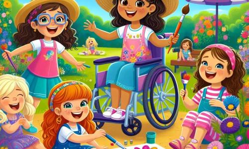 In un bel parco estivo, cinque ragazze felici, di età compresa tra 8 e 10 anni, sono riunite. Anna, una ragazza di 9 anni con capelli castani e occhiali, sorride tenendo un pennello colorato al centro, circondata dalle amiche. Emma, una ragazza di 10 anni in sedia a rotelle con capelli biondi e una maglietta rosa, è a sinistra di Anna, ridendo e tenendo una tavolozza di colori. Sara, una ragazza di 8 anni con capelli ricci e un cappello di paglia, è a destra di Anna e mostra un grande disegno di fiori. Lila, una ragazza di 9 anni con trecce e un vestito blu, è seduta a terra circondata da barattoli di vernice, mentre Mia, una ragazza di 8 anni con capelli neri e una gonna colorata, lancia una palla a Emma, che ride. Il parco è pieno di fiori brillanti, alberi verdi e un cielo azzurro soleggiato. Sullo sfondo si intravede una piccola casa di legno decorata con colori vivaci, dove i bambini hanno dipinto il loro capolavoro. Le ragazze si divertono a dipingere insieme, creando un grande quadro colorato mentre ridono e si incoraggiano. È un momento di gioia e creatività, dove amicizia e estate si incontrano.
