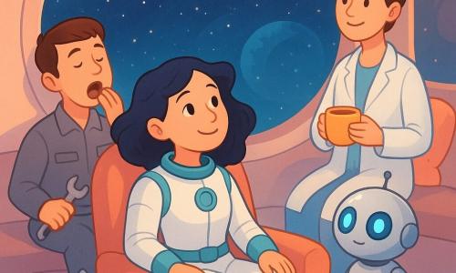A smiling, serene female commander with black hair like a cloud in a white-and-silver spacesuit with turquoise details sits relaxed in a plush chair before a large circular window, awe-filled gaze on the stars, hands on her knees; to her right floats Pip, a small round polished-metal robot with glowing blue eyes, curious toward the window; slightly behind left, a 30-year-old male engineer with short brown hair in a gray work suit, wrench at his belt, sits yawning and holding a tool; near a cushion behind the chair, a 40-year-old female doctor with tied-back hair and a light coat holds a cup of tea, reassured; Captain Meow, a small fluffy silver-and-blue-spotted cat, is curled on a blanket beside the chair; the circular observation lounge of a spaceship has wide curved windows showing a high-contrast starry sky with a blue planet and a small red comet, soft pastel lighting (blue, pink, gold), plush cushions and muffins in a chrome low table; the team watches shimmering star patterns on the windows in a calm, magical atmosphere, warm colors and soft textures, clean vector style suitable for a children’s book.