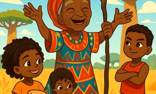 La escena muestra a la sabia abuela Baobab, una mujer mayor con piel arrugada como la corteza de un árbol, una sonrisa cálida y ojos chispeantes de sabiduría. Lleva un vestido colorido adornado con motivos africanos y sostiene un bastón de ébano, levantando los brazos con entusiasmo, rodeada de niños maravillados. A su lado, Amina, una niña de 10 años con cabello rizado y ojos brillantes, mira a la abuela con admiración, sosteniendo un pequeño tambor de madera. Lulú, una niña de 8 años, se esconde detrás del vestido de la abuela, con ojos redondos y curiosos que emergen tímidamente, mientras que Bako, un niño de 12 años, se mantiene orgulloso y fuerte, con los brazos cruzados y una mirada decidida. El decorado es una sabana dorada, salpicada de majestuosos baobabs con troncos anchos y ramas extendidas, bajo un cielo azul brillante. Aves coloridas vuelan por encima, y flores silvestres de tonos vivos añaden un toque de magia al entorno. La situación principal muestra a la abuela Baobab contando una historia cautivadora a los niños, todos reunidos a su alrededor, escuchando atentamente, con sus rostros iluminados por la luz del sol poniente, llenos de asombro y curiosidad.