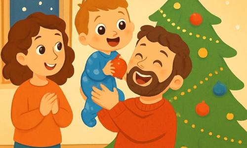 Ein kleiner Junge von 2 Jahren namens Emil, mit großen, leuchtenden Augen und einem erstaunten Lächeln, steht vor einem wunderschönen Weihnachtsbaum. Er trägt einen blauen Schlafanzug mit weißen Sternen und hält eine rote Weihnachtskugel in seinen kleinen Händen. Neben ihm steht seine Mama, eine Frau in ihren Dreißigern mit lockigem, kastanienbraunem Haar, die ihn liebevoll anlächelt, während sein Papa, ein Mann in seinen Dreißigern mit einem weichen Bart und einem roten Wollpullover, Emil lachend in den Armen hält. Die Atmosphäre ist warm: ein gemütlicher Raum mit cremefarbenen Wänden, einem weichen Teppich auf dem Boden und glitzernden Lichtern um den Baum. Draußen fallen sanft Schneeflocken und schaffen eine magische Stimmung. Die Szene zeigt Emil, der fasziniert die Weihnachtskugel hält, während seine Familie Weihnachtslieder singt und den Raum mit Freude und Licht erfüllt.