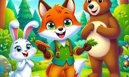 Ein kleiner Fuchs namens Felix mit leuchtend orangefarbenem Fell und neugierigen Augen steht in der Mitte einer sonnigen Lichtung, mit einem breiten Lächeln im Gesicht, und versammelt alle Tiere des Waldes zu einem großen Fest. Rechts von ihm hüpft ein fröhlicher Hase namens Hanni mit langen Ohren und weißem Fell vor Freude, während sie eine Karotte in ihren Vorderpfoten hält und ihr Gesicht vor Aufregung strahlt. Links von ihm steht ein großer brauner Bär namens Bruno mit einem sanften und freundlichen Blick, bereit, auf einem Trommel zu spielen, und zeigt einen Ausdruck von Stolz und Ermutigung. Die Szene spielt sich in einer grünen Lichtung ab, umgeben von großen Bäumen mit leuchtenden Blättern, bunten Blumen auf dem Boden und einem klaren blauen Himmel mit flauschigen weißen Wolken. Felix, Hanni und Bruno organisieren ein Fest, bei dem sich alle Tiere, groß und klein, versammeln, um ihre Talente und Freundschaft zu feiern und so die Bedeutung von Gleichheit und Solidarität in ihrer Gemeinschaft zu verdeutlichen.