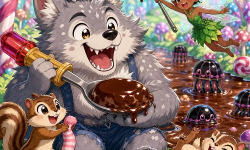 A funny, chubby werewolf with fluffy light-gray fur and white patches, big bright eyes and a mischievous grin full of small teeth, laughs while holding a huge pudding spoon; perched on its head is a smiling pale-purple round turnip wearing glasses and waving a paw; two playful chipmunks with brown-and-cream stripes—one holding a pink candy-shaped sock, the other rolling on the ground laughing—join them; a tiny fairy in a shiny emerald leaf dress with iridescent wings flies above the glossy chocolate pudding pond holding a giant spoon; they stand in the Marshmallow Forest with candy-cane trees, mint-green bouncy grass, purple polka-dotted spring mushrooms, and floating licorice jellyfish as the werewolf prepares to taste a spoonful and his joyful friends cheer.