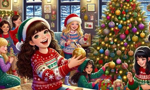 In una calda sala comune di un orfanotrofio, dieci ragazze di dieci anni si riuniscono attorno a un grande albero di Natale decorato con ghirlande scintillanti e palline colorate. Carla, con i lunghi capelli castani e un maglione rosso con fiocchi di neve, sorride mentre tiene una stella dorata da mettere in cima all'albero. Giulia, con i capelli biondi e ricci e un cappello di Natale, ride mostrando una vecchia pallina di Natale. Sofia, con una gamba di legno e capelli castani, è seduta su una sedia decorando biscotti di Natale con glassa colorata. Francesca, con capelli neri e un maglione verde, è in piedi vicino al tavolo preparando biglietti di auguri con disegni festivi. La sala è piena di luci scintillanti e profumo di biscotti appena sfornati. Le ragazze si preparano gioiosamente per una festa di Natale a sorpresa, ridendo e cantando insieme, mentre lo spirito del Natale le circonda.