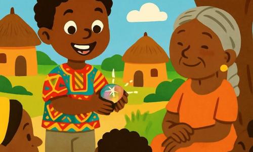 Ein junger Junge namens Kofi, etwa 10 Jahre alt, mit lockigem Haar und einem großen, fröhlichen Lächeln, hält einen kleinen, glänzenden und bunten Stein in seinen Händen. Er trägt ein T-Shirt aus traditionellem afrikanischem Stoff mit lebhaften Mustern und eine Stoffshorts. Neben ihm sitzt eine alte Frau, eine weise Frau des Dorfes, mit geflochtenem grauem Haar und einem sanften Gesicht, unter einem großen Baobab und lächelt ihn an, während sie ihn ermutigt, seine Geschichten zu teilen. Der Ort ist ein malerisches afrikanisches Dorf mit Lehmhäusern und Strohdächern, umgeben von grünen Feldern und bunten Blumen. Kofi steht im Mittelpunkt, strahlend vor Aufregung, während er den versammelten Dorfbewohnern seine Abenteuer erzählt, die von seinen Worten und dem Funkeln des magischen Steins gefesselt sind.