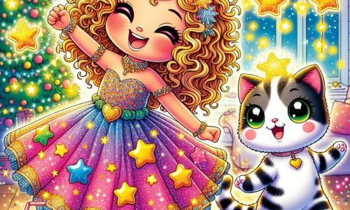Una bambina di 6 anni, di nome Marta, con capelli ricci e dorati come raggi di sole, è piena di gioia ed eccitazione. Indossa un vestito colorato decorato con stelle e cuori, e danza con un grande sorriso sul volto, circondata da luci scintillanti. Accanto a lei, Gatto Pancione, un gatto magico con pelliccia a strisce bianche e nere e occhi verdi scintillanti, sta facendo un giro su se stesso lanciando polvere di stelle nell'aria. Si trova su un tavolo decorato con biscotti a forma di stelle, aggiungendo un tocco di magia alla scena. La scena si svolge in una sala accogliente, illuminata da ghirlande di luci colorate, con muri decorati da disegni di fuochi d'artificio. Un grande tavolo è pieno di deliziosi biscotti e bevande frizzanti, creando un'atmosfera festosa e accogliente. Marta e Gatto Pancione festeggiano insieme il Capodanno, circondati da decorazioni scintillanti, in un'atmosfera gioiosa e magica, pronti ad accogliere un nuovo inizio con la loro famiglia.