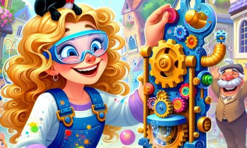 Valeria, una joven de cabello rizado y dorado, está llena de energía y entusiasmo. Lleva un overol azul manchado de pintura y unas gafas de protección en la frente. Está ajustando los últimos detalles de su máquina de hacer sonrisas, un aparato colorido con engranajes brillantes y burbujas de risa que escapan. A su lado, Misi, un gato negro con ojos verdes brillantes, observa atentamente, sentado en una caja de herramientas, listo para saltar en cualquier momento. Más lejos, el alcalde del pueblo, un hombre mayor con un gran bigote gris y un sombrero de copa, ríe a carcajadas, con los brazos levantados en señal de aprobación. La escena tiene lugar en la encantadora plaza del pueblo de Villafantástica, rodeada de casas coloridas con persianas abiertas y grandes árboles de hojas brillantes. Niños juegan alrededor, globos flotan en el cielo azul y guirnaldas de flores decoran el lugar. La situación principal muestra a Valeria presionando el gran botón rojo de su máquina, mientras burbujas de risa vuelan por el aire, provocando risas contagiosas entre los aldeanos reunidos, creando una atmósfera de alegría y magia.