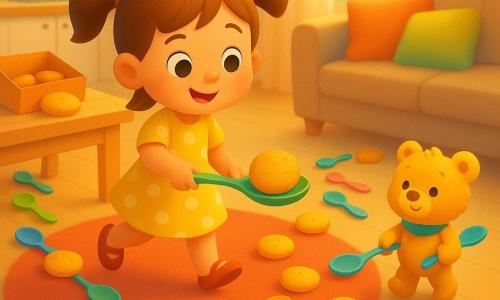 Niña de 4 años, alegre y concentrada, pelo castaño claro en coletas, ojos redondos sonrientes, vestido amarillo con lunares blancos, sostiene una cucharona verde con una galleta redonda y camina despacio; un osito de peluche llamado Osito Patoso, pequeño y esponjoso color mostaza con bufanda azul, sostiene una cucharita azul al final de la fila de cucharas listo para atrapar la galleta; escena entre cocina luminosa y salón acogedor: mesa de madera clara con caja de galletas abierta, alfombra roja mullida y cojines coloridos en el sofá; varias cucharas coloridas (verdes, azules, rosas) alineadas desde la caja hasta el sofá, algunas sobre la alfombra; galletas doradas brillantes, algunas sobre cucharas, otras rodando; luz suave de tarde filtrada por una ventana con cortina ligera, sombras suaves y tonos cálidos; composición centrada en la niña y la línea de cucharas, vista ligeramente en picado; estilo: formas simples, colores saturados, texturas suaves, trazos redondeados y ambiente lúdico.