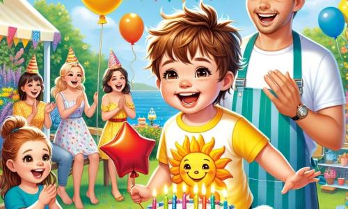 A 3-year-old boy named Leo, with messy brown hair and a big smile, is wearing a yellow t-shirt with a smiling sun. He joyfully jumps while holding a red star-shaped balloon. Next to him, his mom, a woman in her thirties with brown hair in a bun and a colorful apron, smiles while holding a birthday cake decorated with candles. His dad, a man in his thirties with a light beard and a blue t-shirt, claps enthusiastically, standing near a group of friends. The scene takes place in a sunny garden filled with colorful balloons, garlands, and a large table set with festive plates and cups. Multicolored flowers surround the area, adding a touch of magic to the atmosphere. Leo is surrounded by his friends singing "Happy Birthday" as he prepares to blow out the candles on his cake, his face beaming with joy and excitement.