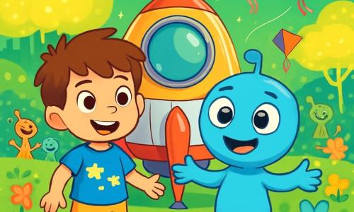 Un ragazzo di 6 anni, di nome Luca, con capelli castani disordinati e occhi pieni di curiosità, si trova davanti a una navicella spaziale brillante. Indossa una maglietta blu con stelle e pantaloni corti gialli, mostrando un grande sorriso meravigliato. Accanto a lui, Zorby, un extraterrestre dalla pelle blu e grandi occhi rotondi, sorride calorosamente, con le braccia aperte per accogliere il suo nuovo amico. Il paesaggio è fantastico, con un cielo verde brillante e alberi luminosi che brillano come lampade. Fiori multicolori danzano dolcemente nella brezza e stelle scintillanti sono visibili in lontananza. La scena principale mostra Luca e Zorby mentre costruiscono aquiloni colorati, circondati dagli abitanti di Lumina, tutti felici e pronti a far volare le loro creazioni per allontanare le nuvole scure che minacciano il loro pianeta.